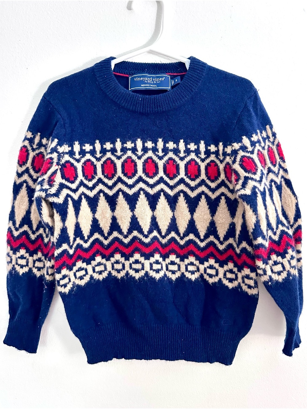 Vineyard Vines Boys Size 5 Merino Wool Fair Isle Sweater Crewneck Navy Blue red